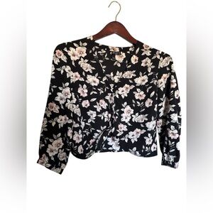 🌸 Volcom Black Floral Twist Front Long Sleeve Blouse Size Small